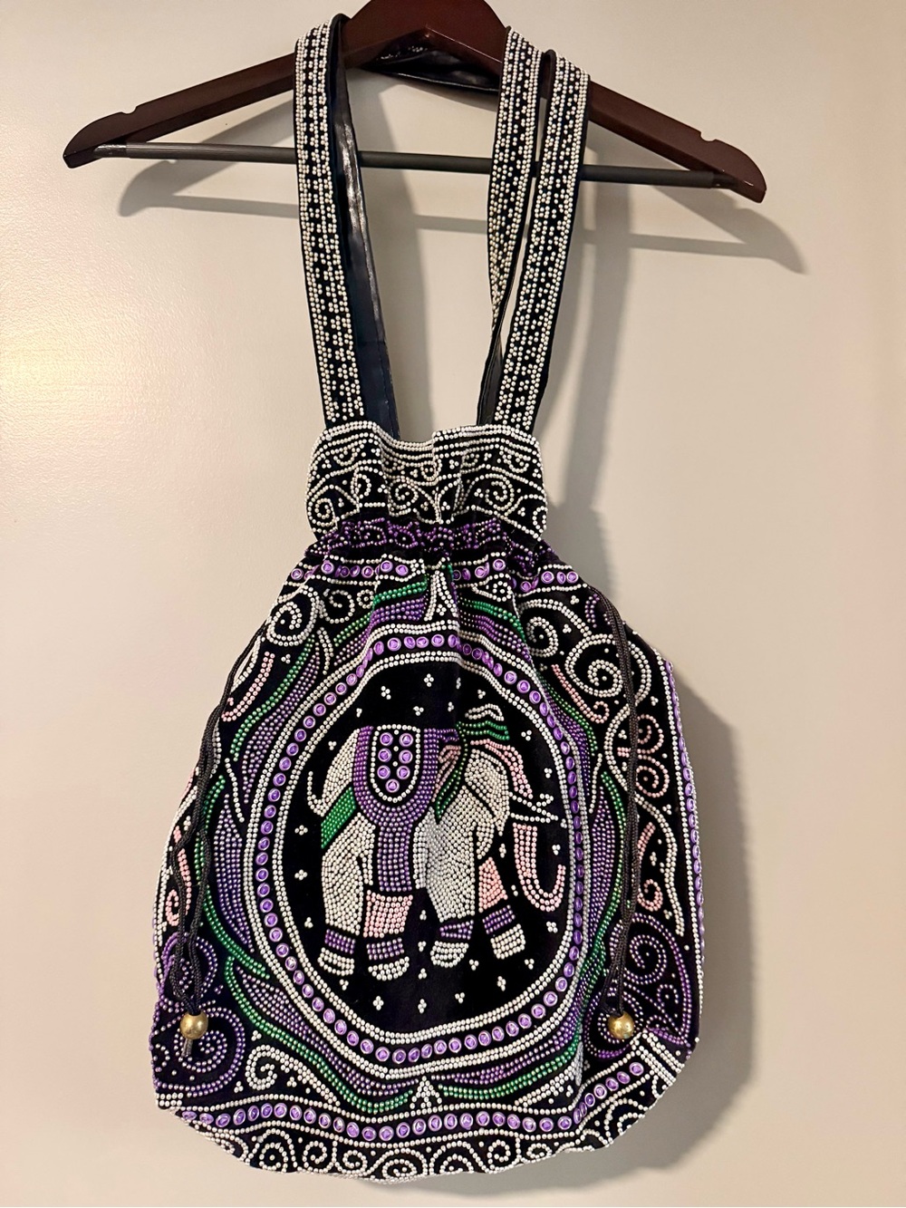 Beaded Elephant Drawstring Shoulder Bag in Black and Purple
